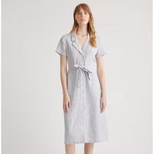 Quince Women 100% European Linen Button Front Dress Chambray Stripe XL Blue